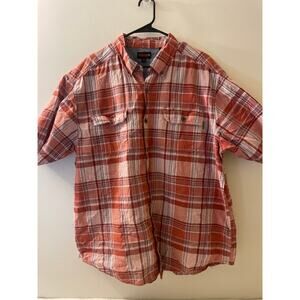 Wolverine Mens Size XXL Button Up Short Sleeve Plaid‎ Orange White Shirt Casual